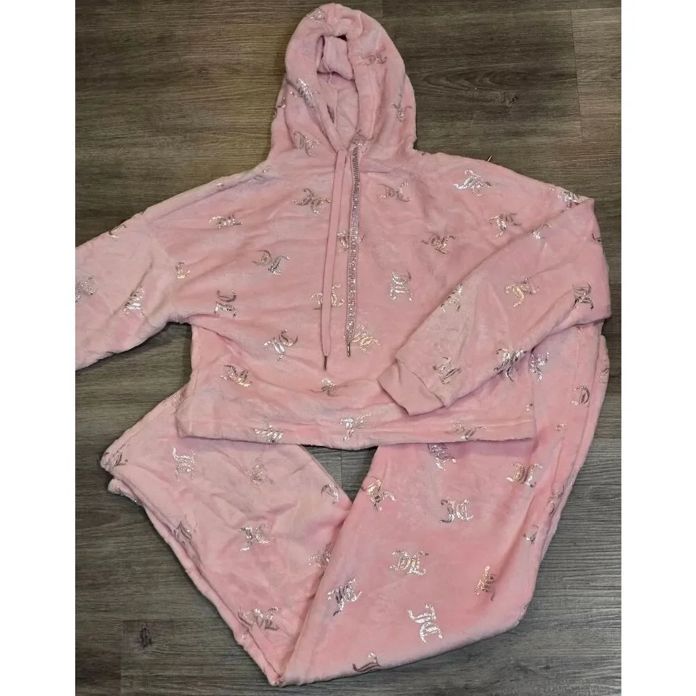 Juicy Couture 2-PC Silver Foil Logo Velour Hoodie &‎ Pant PJ Set